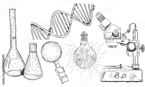 science chemistry set hand drawn vector. school formula, physics laboratory, scientific education, research experiment, dna technology science chemistry sketch. isolated black illustration