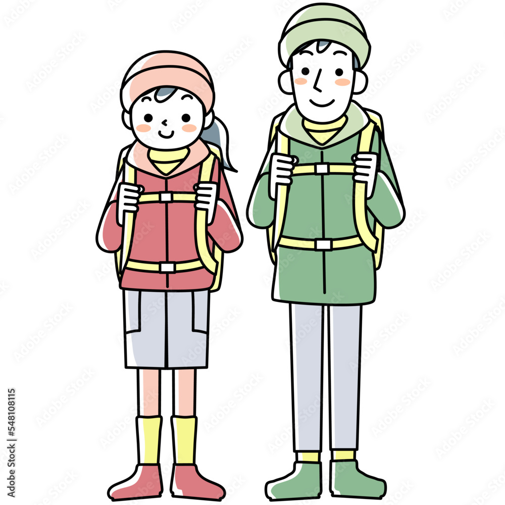 キャンプに出かける服装の若い女性と男性