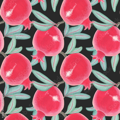 Seamless pattern with pomegranate fruit. A pomegranate on a branch. Tropical fruit. Decorative pattern. Watercolor and gouache illustration. The print is used for Wallpaper design, fabric, textile