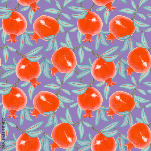 Seamless pattern with pomegranate fruit. A pomegranate on a branch. Tropical fruit. Decorative pattern. Watercolor and gouache illustration. The print is used for Wallpaper design, fabric, textile