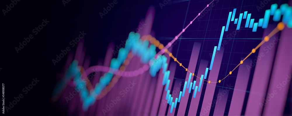 Financial graph with up trend line candlestick chart in stock market on neon color Widescreen background
 - obrazy, fototapety, plakaty 