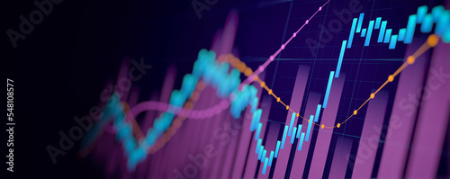 Financial graph with up trend line candlestick chart in stock market on neon color Widescreen background
 photo