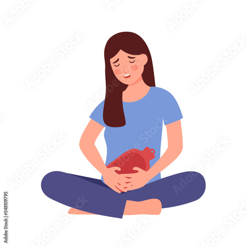 Woman having period pain concept vector illustration on white background. Menstrual cramps. Female relief pain with hot water bag.