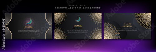 Luxury ramadan kareem background with black and gold mandala pattern, border, crescent moon, lantern, arabic pattern and calligraphy. Realistic vector illustration