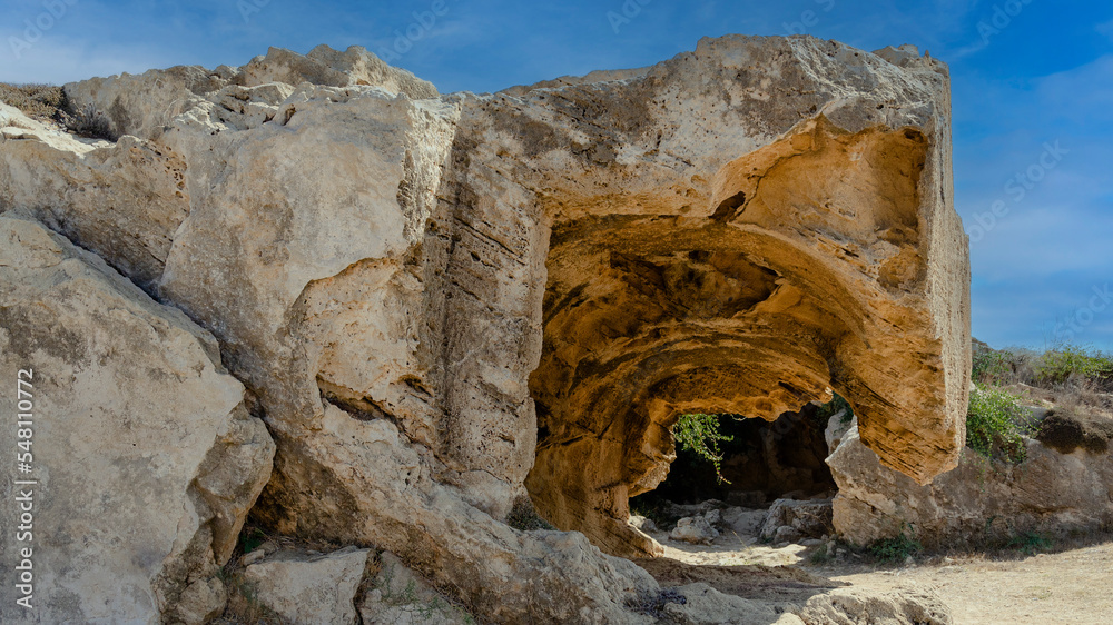 Ancient archeological site, rock formation with graves, Paphos, Cyprus
