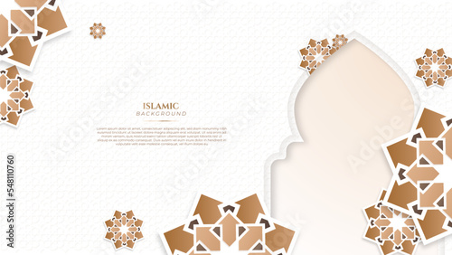 Beige pastel soft brown ramadan background with arabic ornamental mandala pattern and mosque. Vector illustration for presentation design, flyer, social media cover, web banner, greeting card