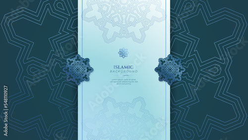 Blue green three dimensional ramadan background with arabic ornamental mandala pattern and mosque. Vector illustration for presentation design, flyer, social media cover, web banner, greeting card
