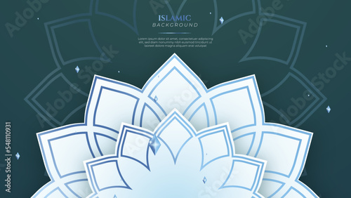 Blue green three dimensional ramadan background with arabic ornamental mandala pattern and mosque. Vector illustration for presentation design, flyer, social media cover, web banner, greeting card