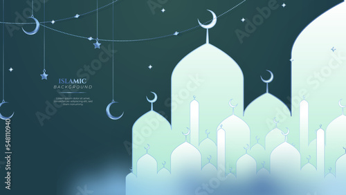 Blue green three dimensional ramadan background with arabic ornamental mandala pattern and mosque. Vector illustration for presentation design, flyer, social media cover, web banner, greeting card