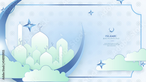 Blue green three dimensional ramadan background with arabic ornamental mandala pattern and mosque. Vector illustration for presentation design, flyer, social media cover, web banner, greeting card