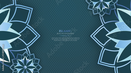 Blue green three dimensional ramadan background with arabic ornamental mandala pattern and mosque. Vector illustration for presentation design, flyer, social media cover, web banner, greeting card
