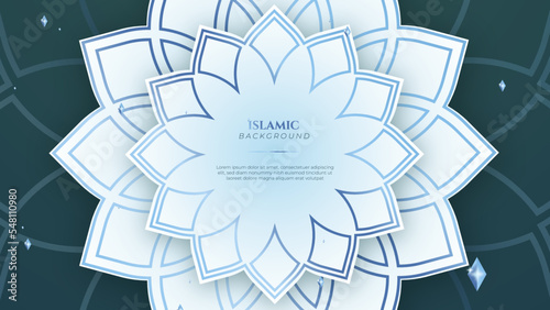 Blue green three dimensional ramadan background with arabic ornamental mandala pattern and mosque. Vector illustration for presentation design, flyer, social media cover, web banner, greeting card