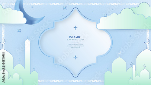 Blue green three dimensional ramadan background with arabic ornamental mandala pattern and mosque. Vector illustration for presentation design, flyer, social media cover, web banner, greeting card