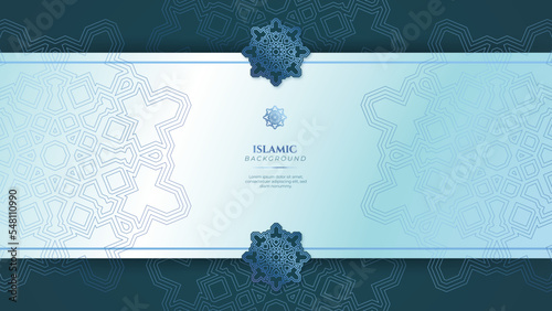 Blue green three dimensional ramadan background with arabic ornamental mandala pattern and mosque. Vector illustration for presentation design, flyer, social media cover, web banner, greeting card