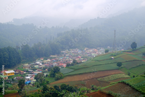 Natural scenery in Puncak, Bogor, Ciloto, Cianjur Regency, West Java. View of villages and plantations in Puncak area, Ciloto. photo