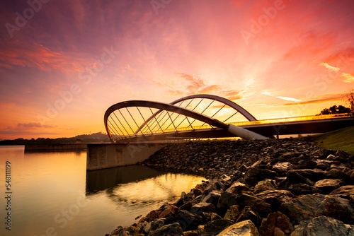 Dam scenery during sunrise at putrajaya lake.