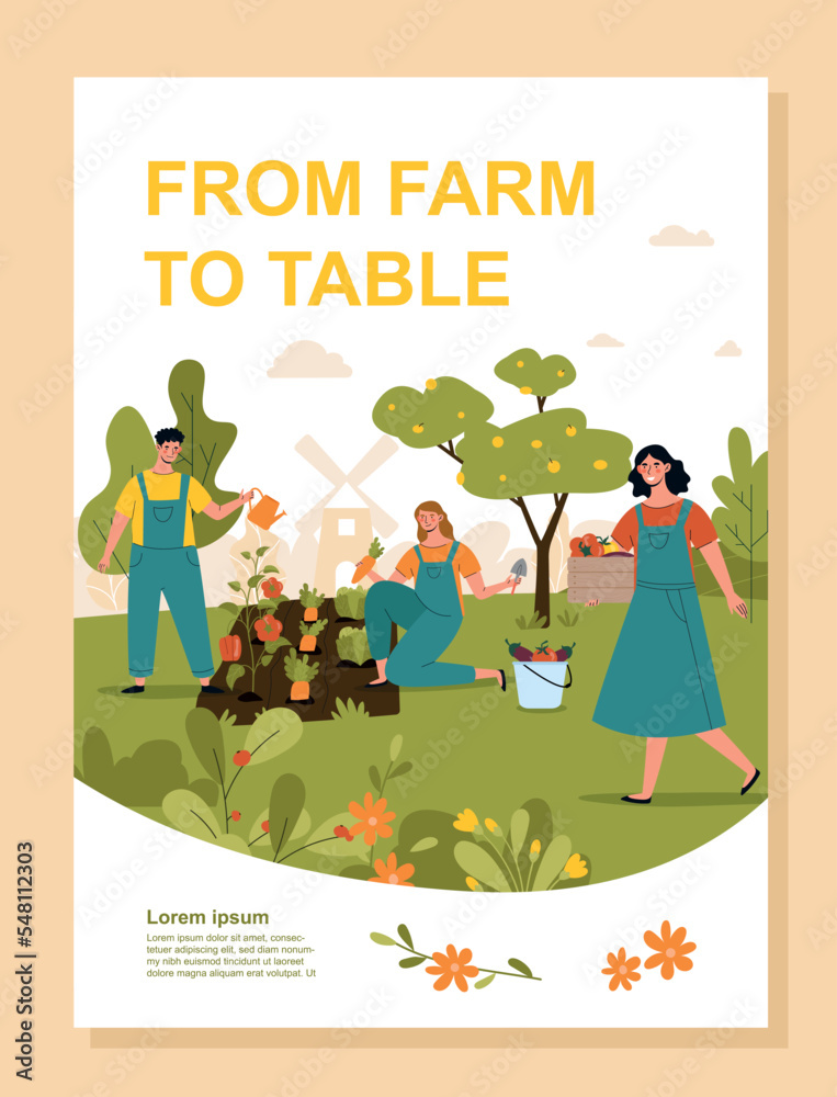 Fototapeta premium Farm banner concept. Man and women in garden water vegetables and fruits. Vitamins and health care, active lifestyle. Marketing and advertising booklet or cover. Cartoon flat vector illustration