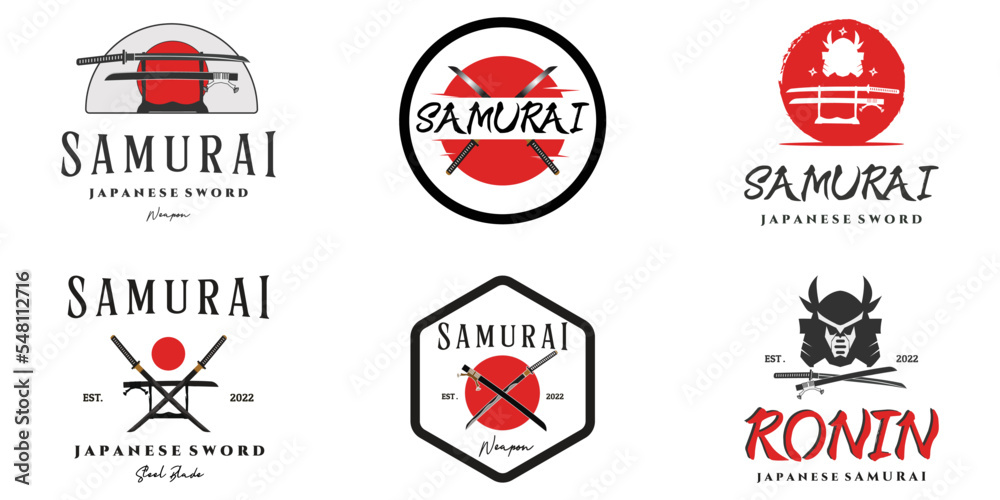 set of samurai sword logo vintage vector illustration concept template icon design, collection of japanese samurai sword retro with mask and modern concept vector illustration logo design