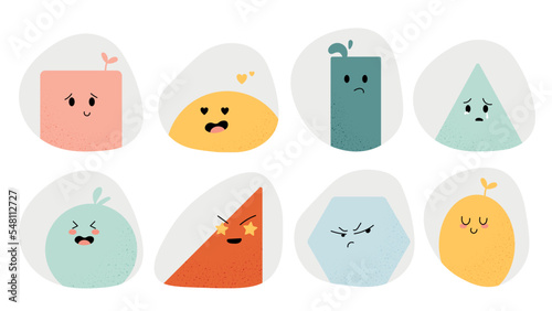 Geometric emotions set. Collection of colorful shapes, emoji. Stickers for social networks and messengers. Joy, sadness and surprise. Cartoon flat vector illustrations isolated on white background