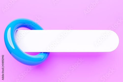 3D colorful illustration of a information search bar with blue torus on a pink background. The concept of communication via the Internet, social networks, chat, video, news, messages, website