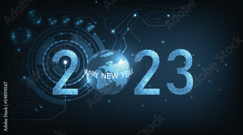  Concept of New Year 2023 Technology background.Dark blue low poly triangle connection New Year 2023 design background with sparkling glow effect.