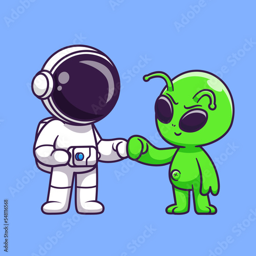 Astronaut With Cute Alien High Fives Cartoon Vector Icon 
Illustration. Science Technology Icon Concept Isolated 
Premium Vector. Flat Cartoon Style