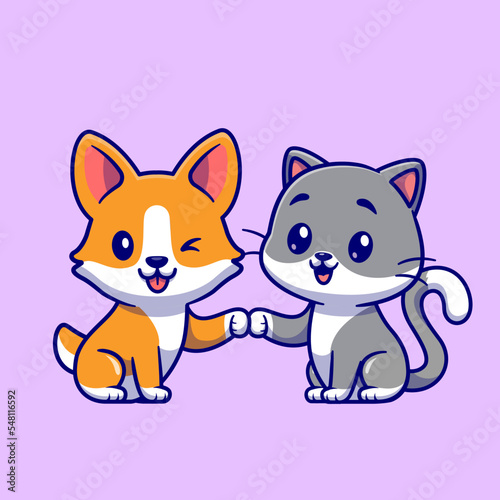 Cute Cat and Corgi Dog Cartoon Vector Icon Illustration. 
Animal Friend Icon Concept Isolated Premium Vector. Flat 
Cartoon Style
