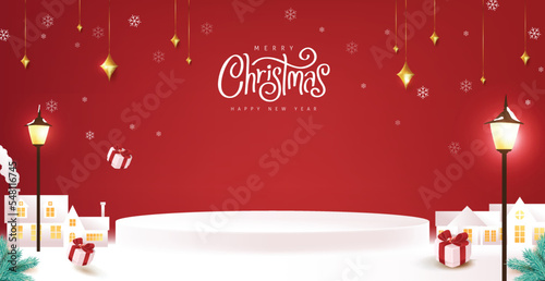 Christmas banner winter town landscape background and snow product display cylindrical shape