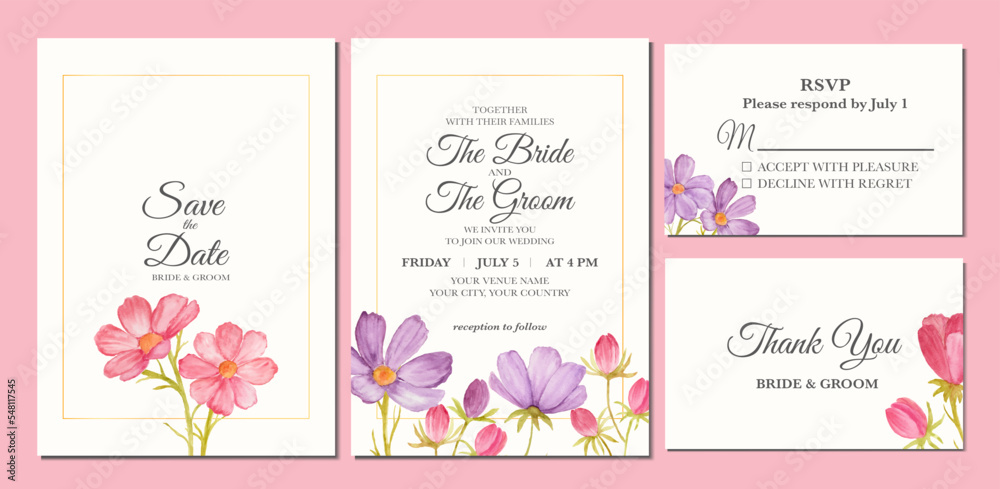 Manual painted of cosmos flower watercolor as wedding invitation.