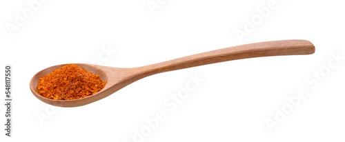 Red chili powder in wood spoon isolated on transparent png