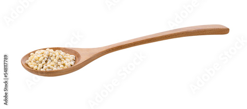 Pile of pearl barley in wood spoon isolated on transparent png