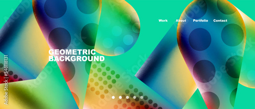 Glassmorphism landing page background template. Colorful glass shapes with metallic effect abstract composition for wallpaper, banner, background