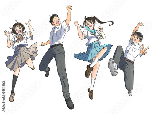 ジャンプする男女の学生　夏服