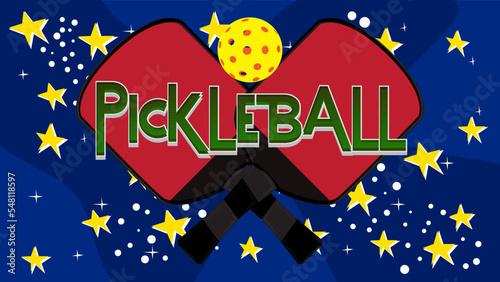 Pickleball. Word written with Children's font in cartoon style.
