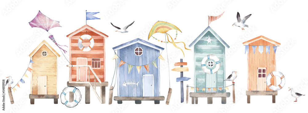 Watercolor hand drawn set, colorful illustration of cute small beach huts, red striped cabins, kites, seagulls, lifebuoy. Summer marine composition, sea coast elements isolated on white background.