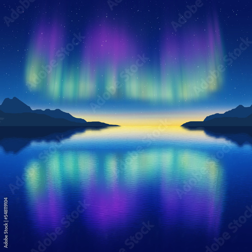 Aurora borealis reflected in water, winter holiday illustration, northern nature