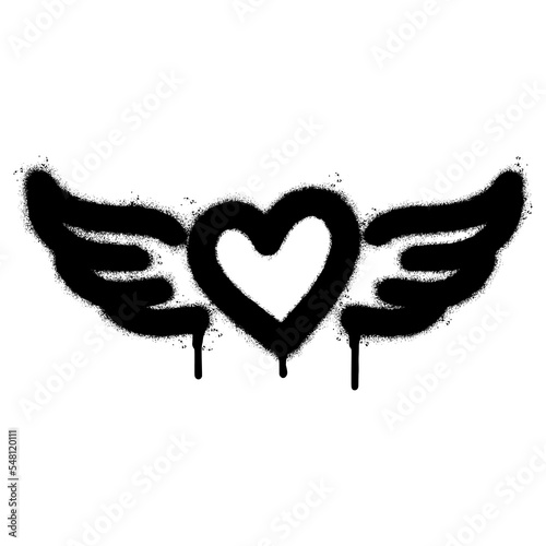 Spray Painted Graffiti heart wings icon Sprayed isolated with a white background. graffiti love wings  symbol with over spray in black over white. Vector illustration.