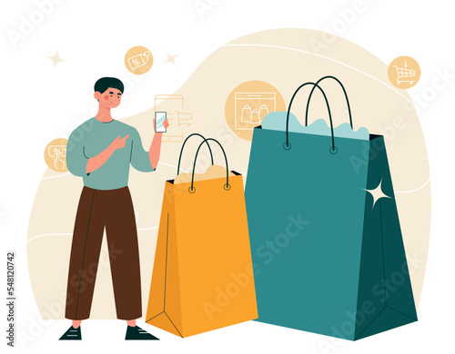 Online shopping concept. Man with smartphone next to large packages. Promotion of goods on Internet, modern marketing. Advertising poster or banner for website. Cartoon flat vector illustration
