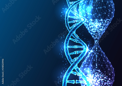 Futuristic life expectancy, longevity science concept with glowing polygonal DNA and hourglass 