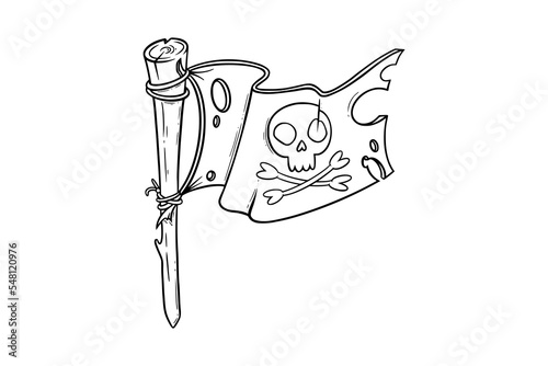 Pirate flag sketch. Torn flag with crossbones and a skull. Vector illustration isolated in white background