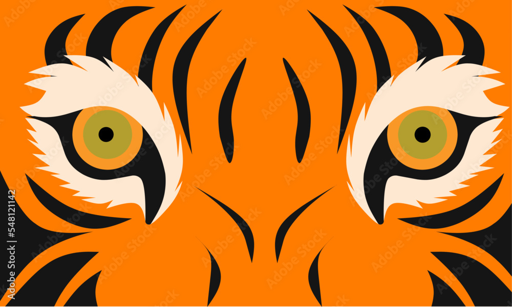 Tiger eye vector illustration with angry facial expression background. The male tiger is orange with black markings. Great for animal posters.