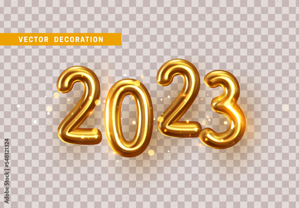 Happy New Year 2023. Golden metal numbers. Realistic 3d render signs. Luminous bright splash of gold bokeh lights. Isolated on transparent background. vector illustration - obrazy, fototapety, plakaty 