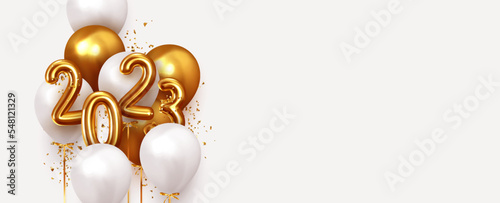 Happy New Year 2023. Realistic gold and white balloons. Background design metallic numbers date 2023 and helium ballon on ribbon, glitter bright confetti. Vector illustration