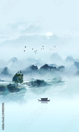Watercolor Artistic Conception Blue Landscape Background Illustration