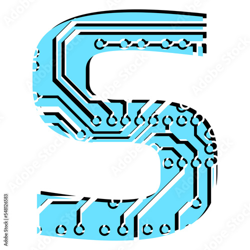 Latin digital letter S perforated with PCB circuit board tracks isolated on white. Colored capital initial letter for headlines of modern digital world. Design element.