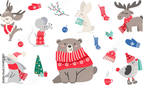 Vector set of Christmas characters. Animals in winter clothes. Cute mouse, bear, deer, moose, hare, sparrow. New Year tree with gifts. Mittens, hats, Christmas decorations, Christmas tree.