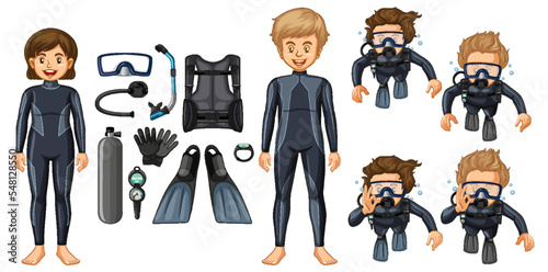 Set of scuba diving cartoon character and diving tools