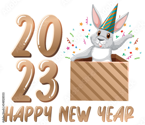 Happy New Year text with cute rabbit for banner design