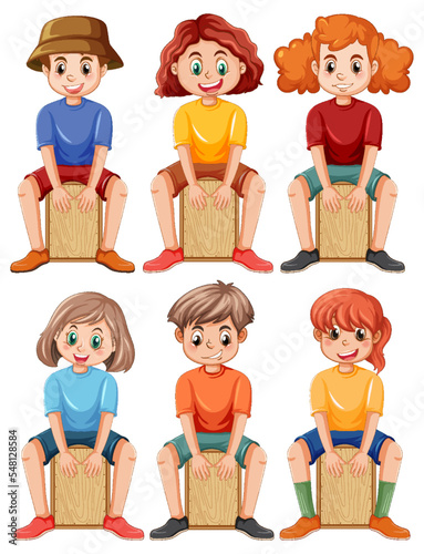 Set of kids playing cajon drums