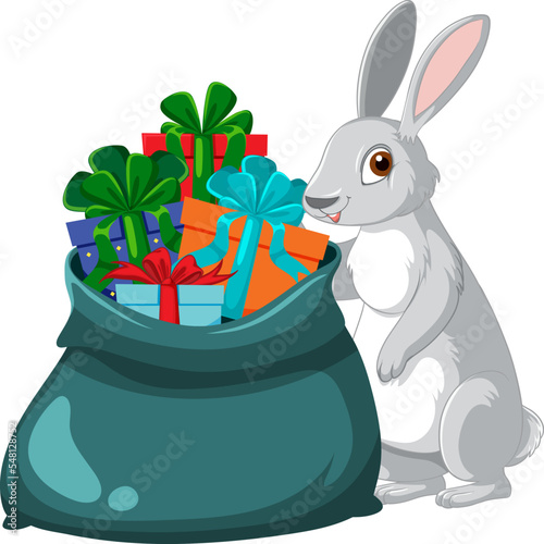 Rabbit cartoon character with gift bag